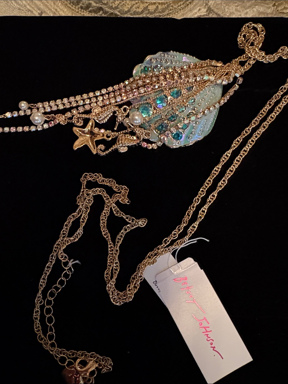 Betsey Johnson Gold Seashell Necklace with Teal and Iridescent Crystals